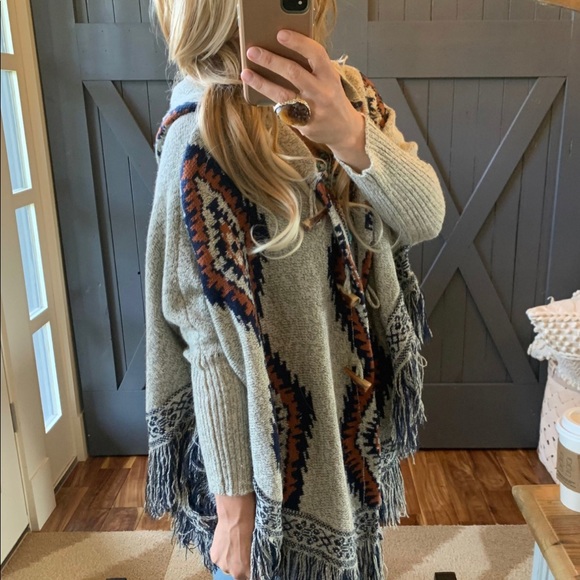 New Aztec Print Hooded Cardigan Sweater Toggle Close Cowichan Blanket - Picture 11 of 13